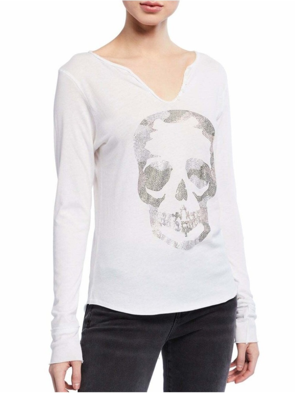 ZADIG & VOLTAIRE White Long-Sleeve studded Skull Graphic Top Size medium women’s